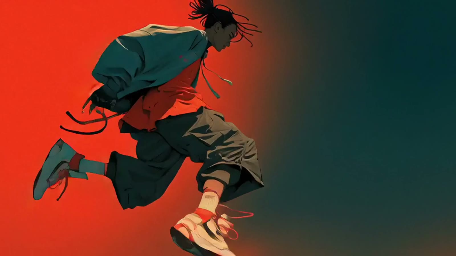Silhouetted anime characters in a dramatic action scene