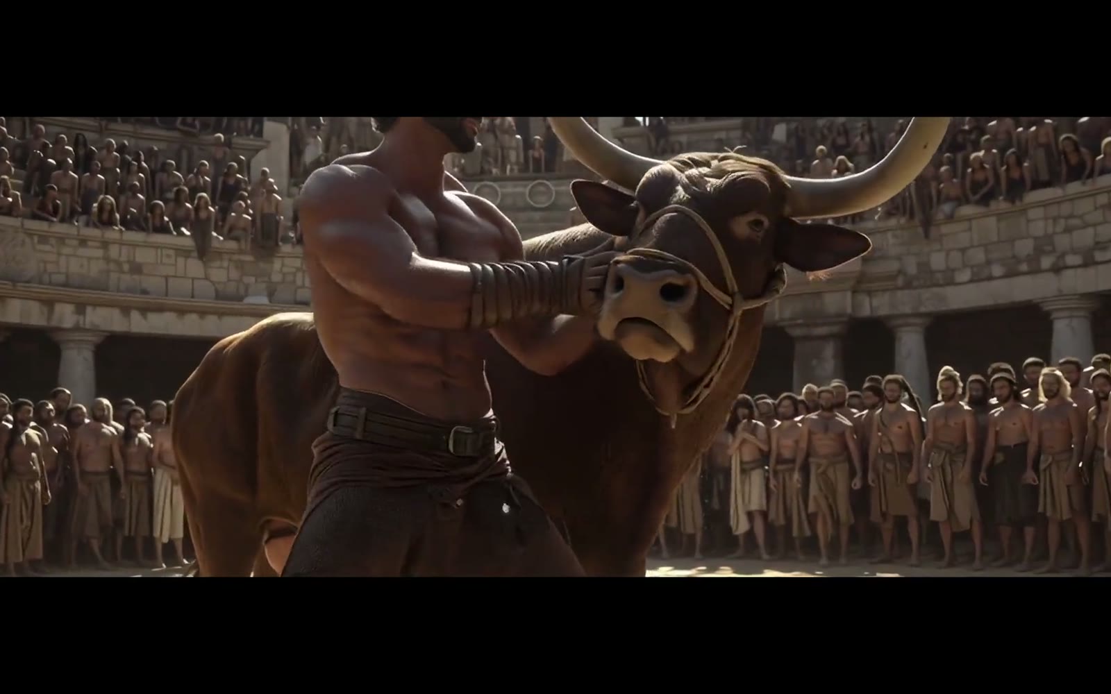Milo carrying a bull inside an ancient arena