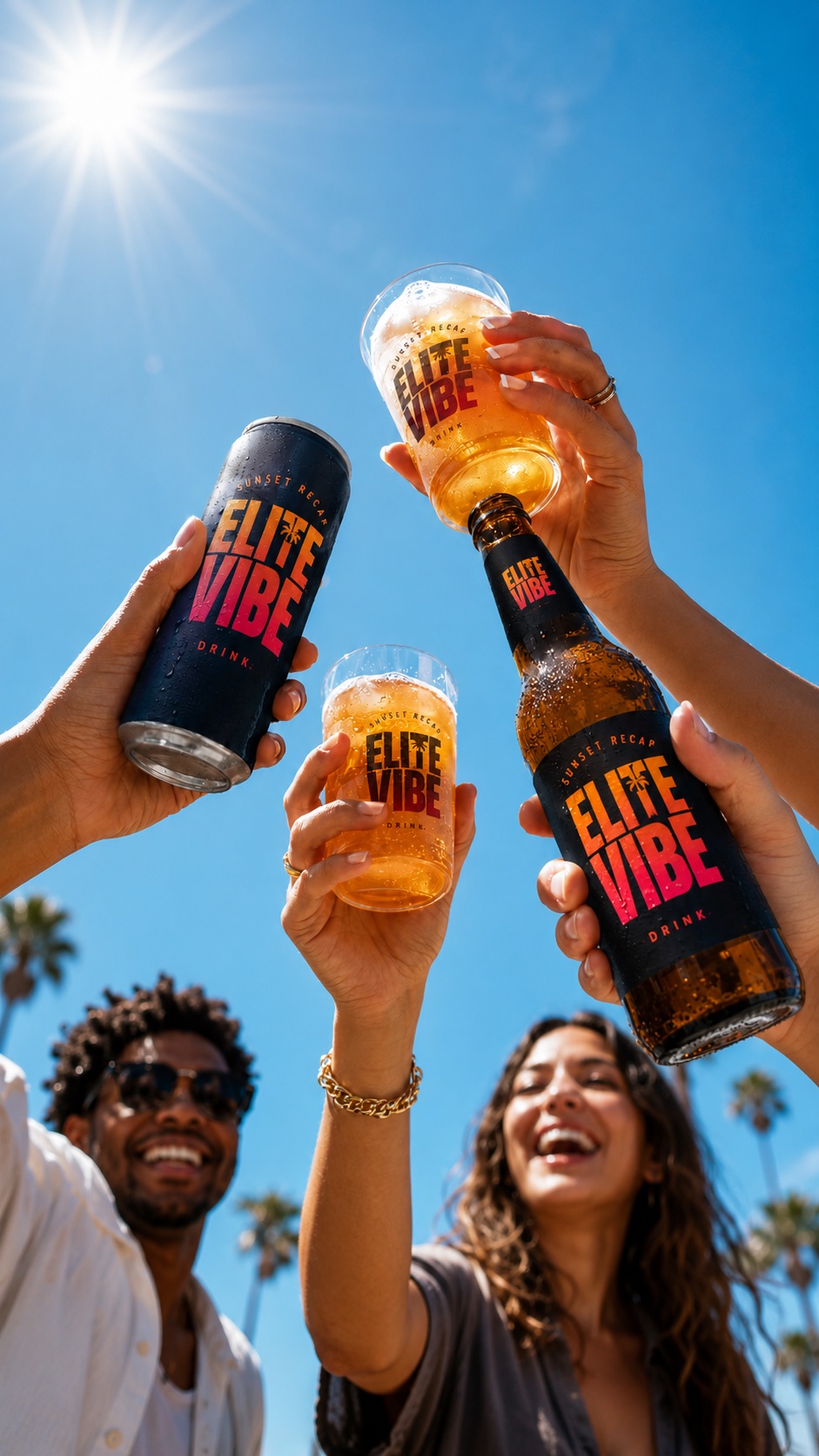 Friends raising branded cans and bottles beneath a bright blue sky