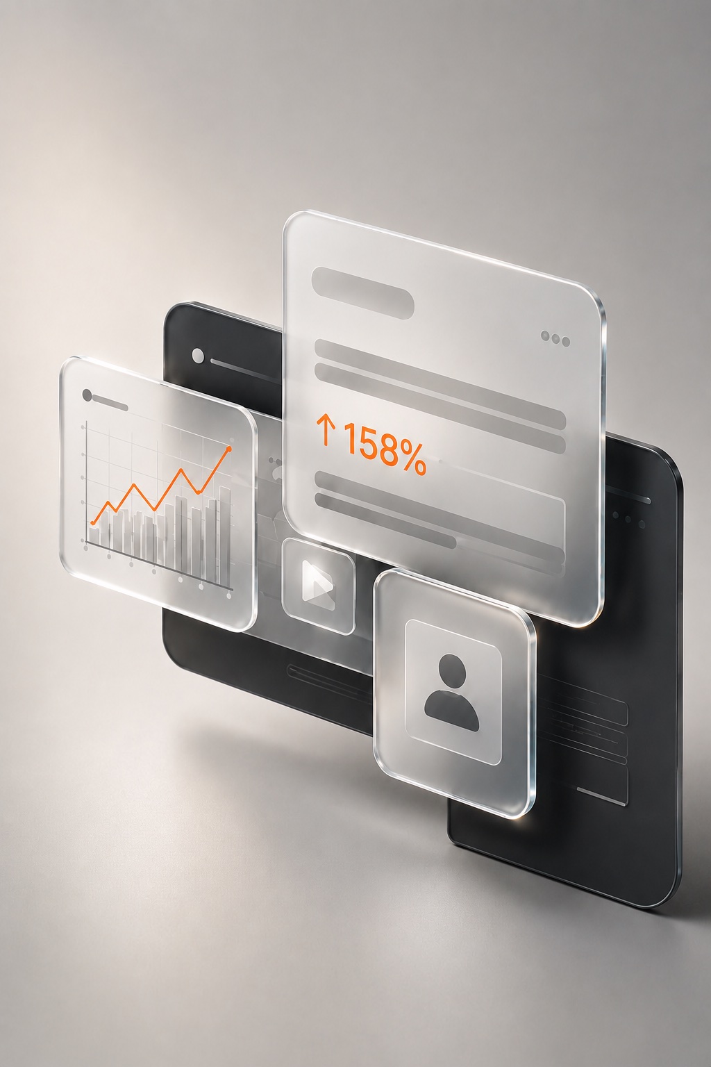 Layered translucent campaign panels showing charts, video, and audience elements