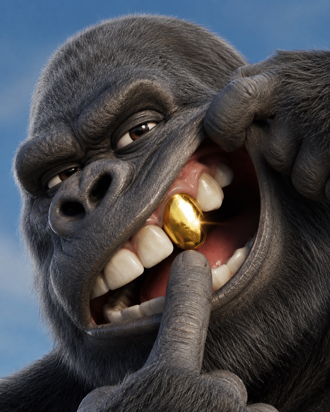 Stylized gorilla character revealing a gold tooth