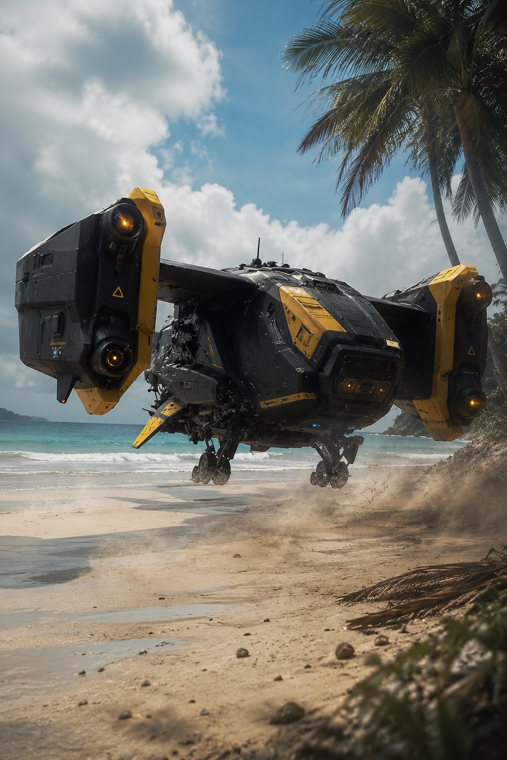 Black and yellow science fiction aircraft landing on a tropical beach