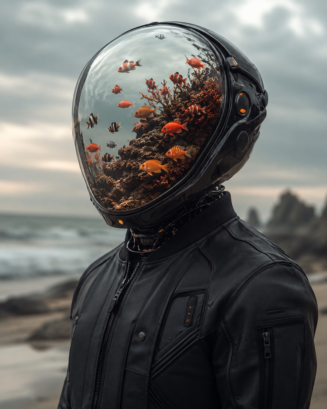 Futuristic figure in a black helmet containing an underwater reef and orange fish
