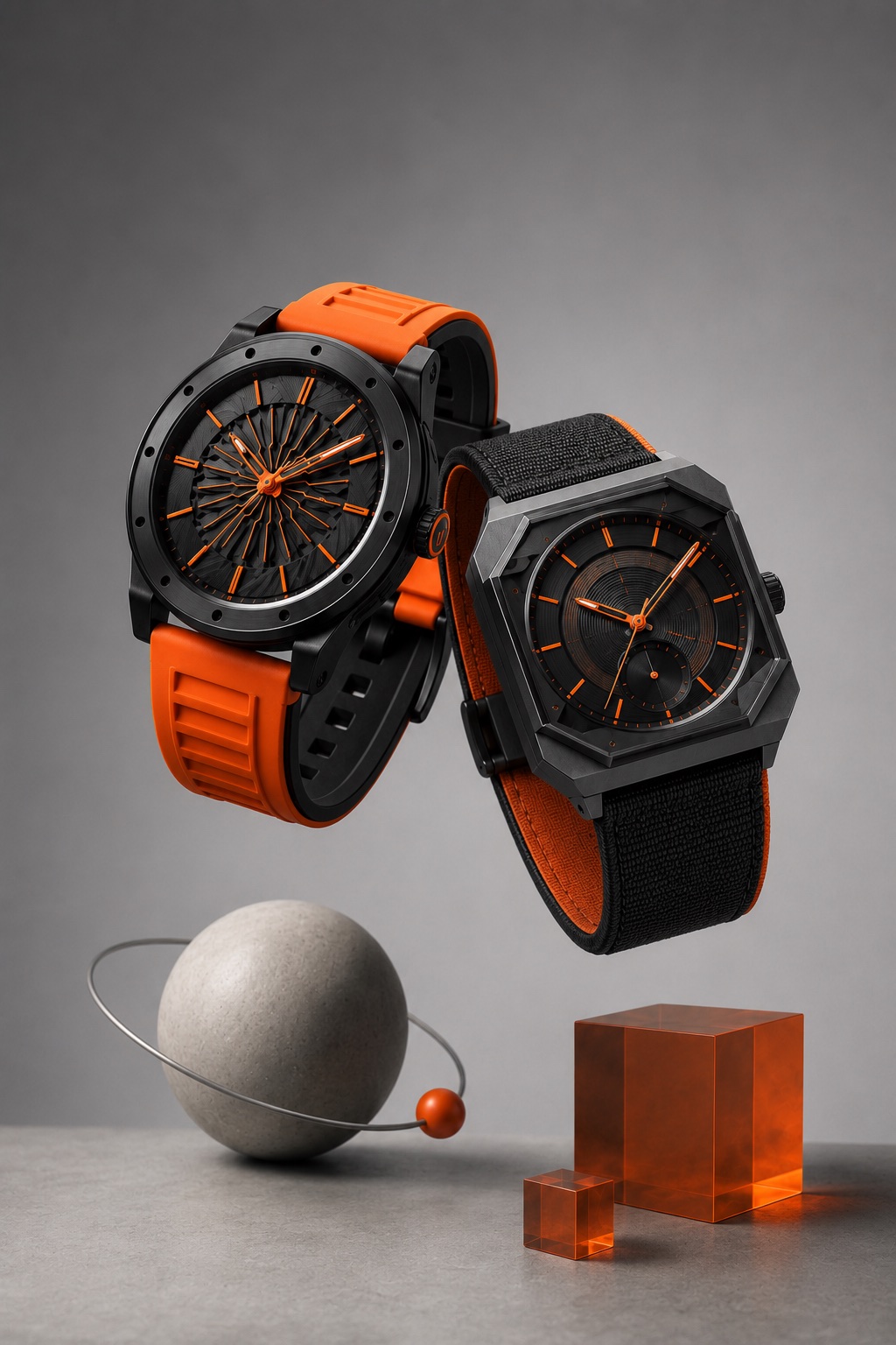 Two black and orange watches floating above geometric product forms